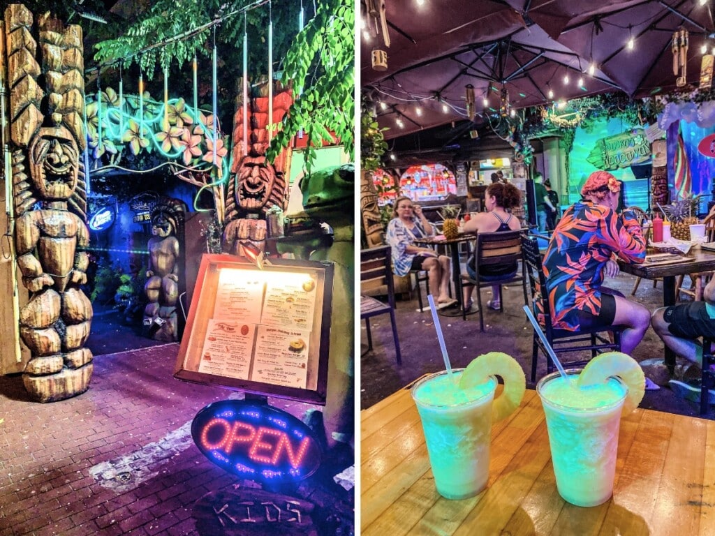Left: Cuckoo Coconuts' Tiki Bar Waikīkī colorful entrance with tiki statues ant tropical decor. Right: two icy cocktails garnished with pineapple on a wooden table with the tiki themed seating area with guests enjoying pineapple cocktails in the background.