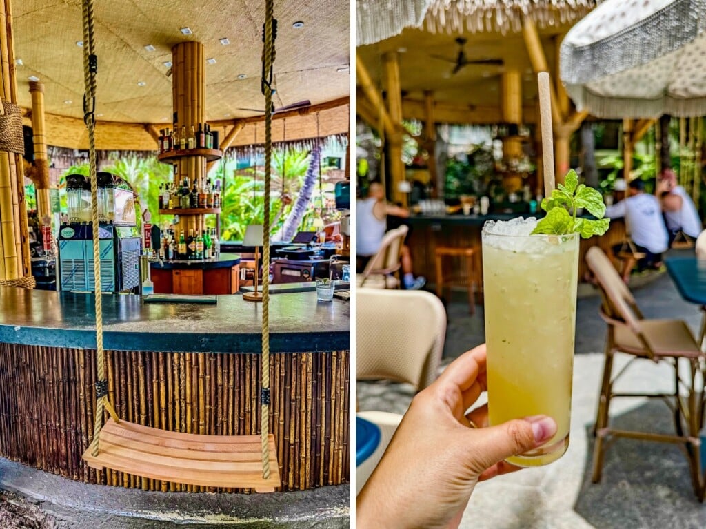 Left: Heyday Bar area with bamboo counter and swing seat. Right: Icy cocktail garnished with mint.