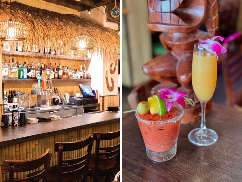 Left: The bar area at The Pupu House with bamboo counter and tiki style thatched roof. Right: A Bloody Mary and Mimosa cocktails decorated with Hawaiian flowers.