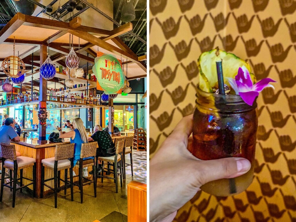 Left: Tipsy Tiki bar area with colourful tiki decor. Right: Mai Tai cocktail garnished with a purple orchid and pineapple held up against wall paper with a shaka pattern.