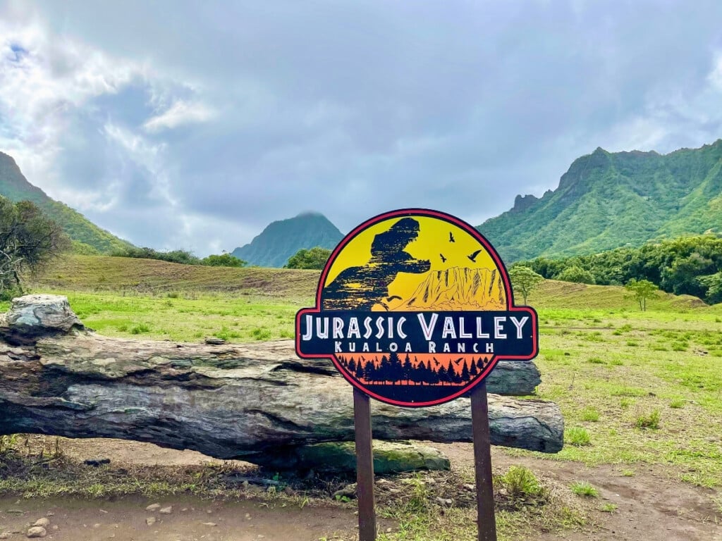 The Jurassic Valley sign in Kualoa Ranch, the film site of the Jurassic Park series.