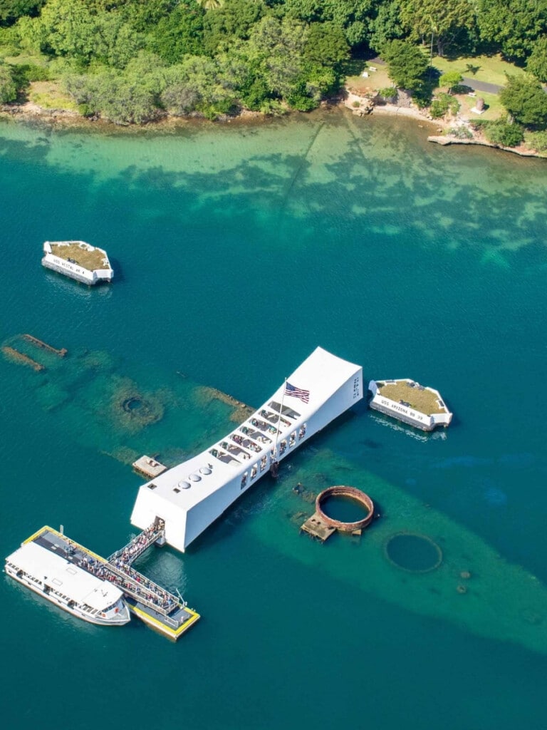 Aerial of the USS Arizona Memorial at Pearl Harbor historic sites on Oʻahu.