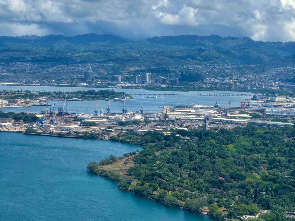 Aerial view of Pearl Harbor National Memorial.