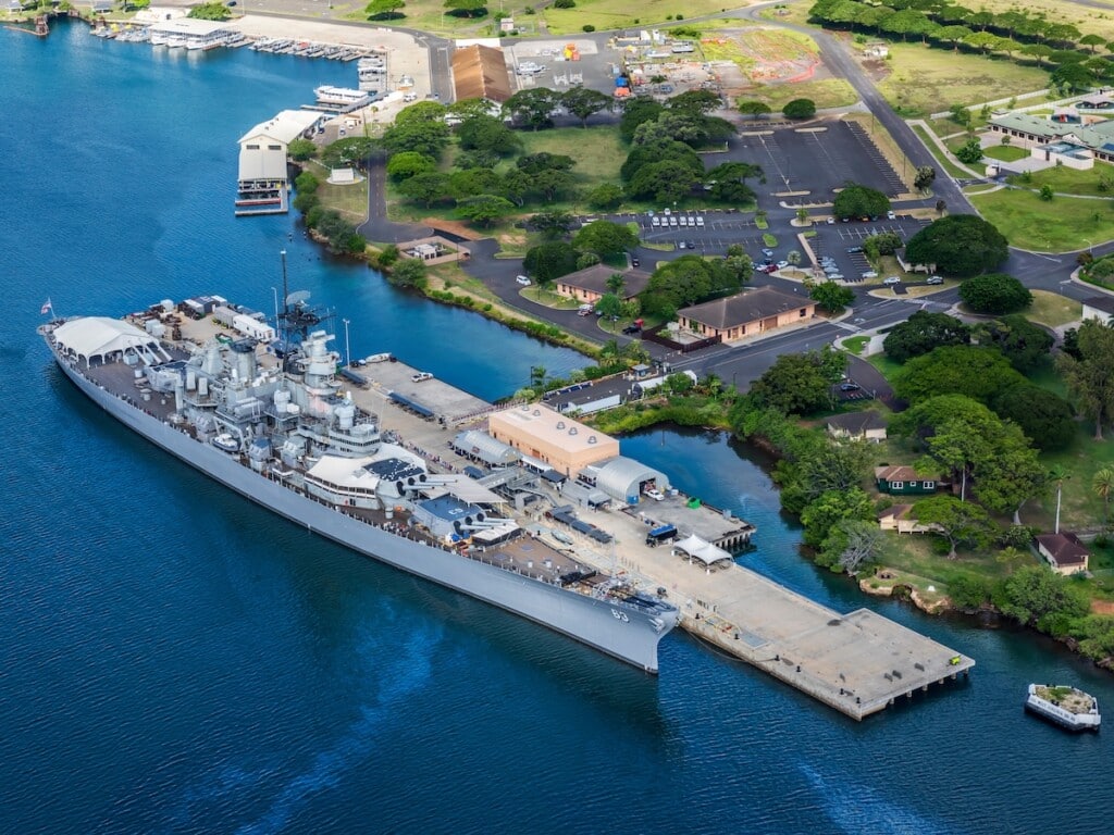 Aerial view of the USS Missouri Memorial.