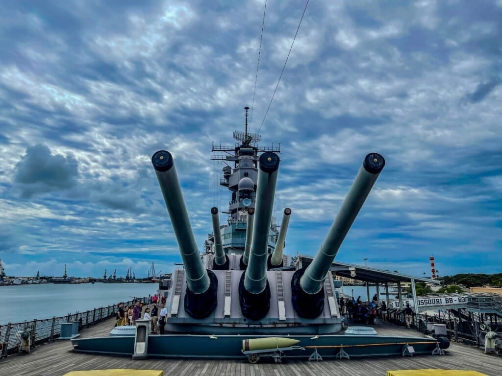 The main deck on the USS Missouri, in front of of three massive 60-foot turrets.