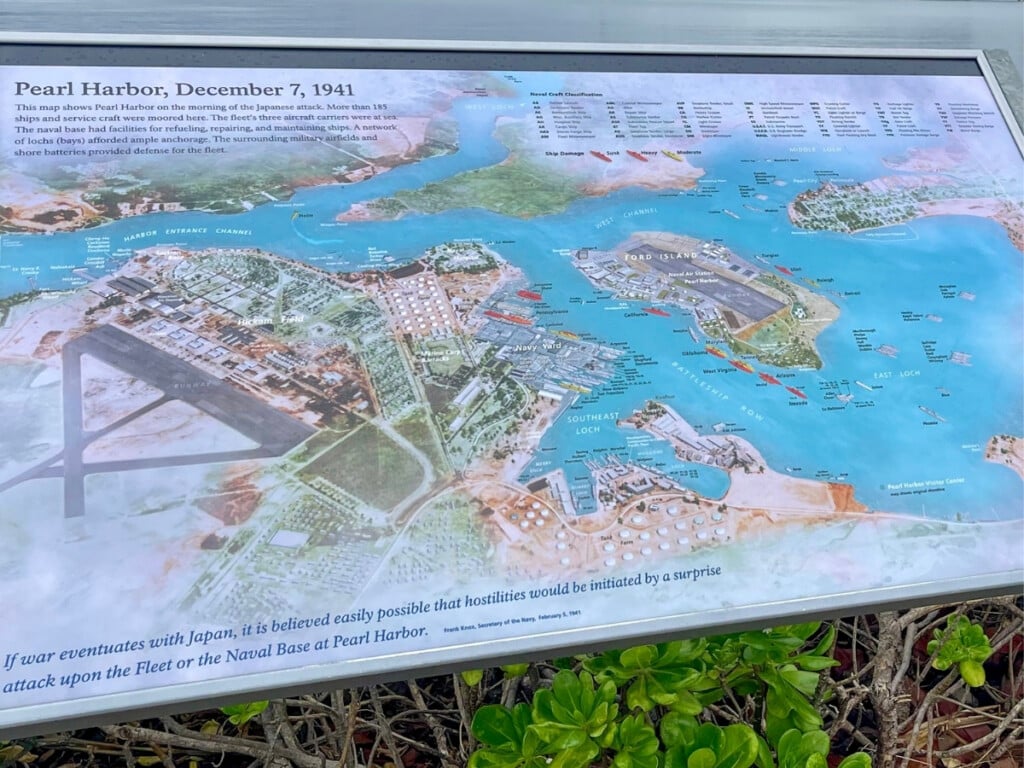 Signage illustrating a map of Pearl Harbor on the morning of the Japanese attack on 7 December 1941.