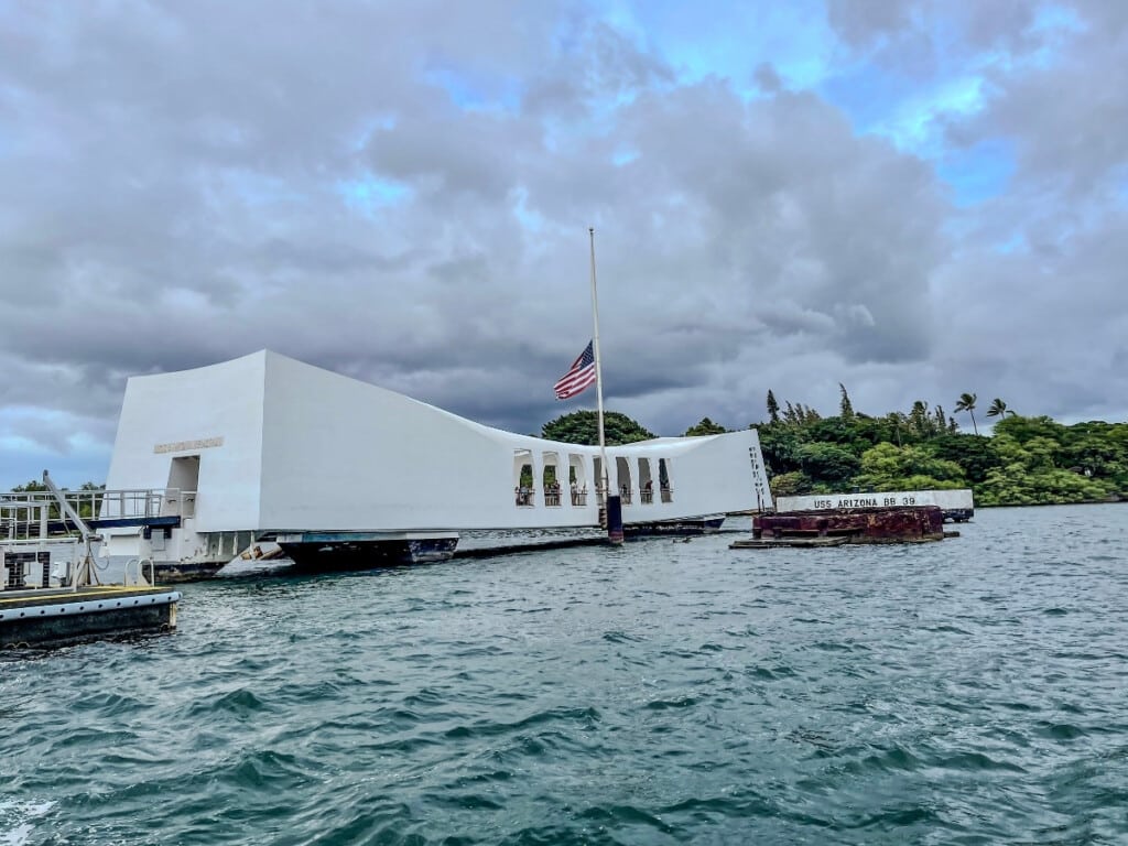 The USS Arizona Memorial, site of the sunken USS Arizona battleship at Pearl Harbor.