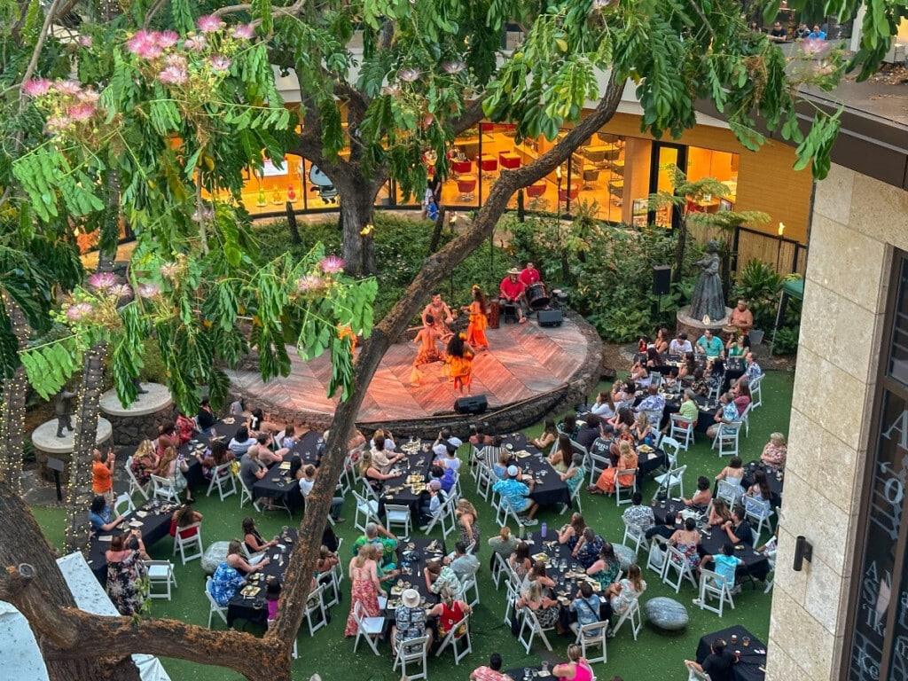 Aerial view overlooking the Queens Waikiki Luau from the second floor of the International Market Place.