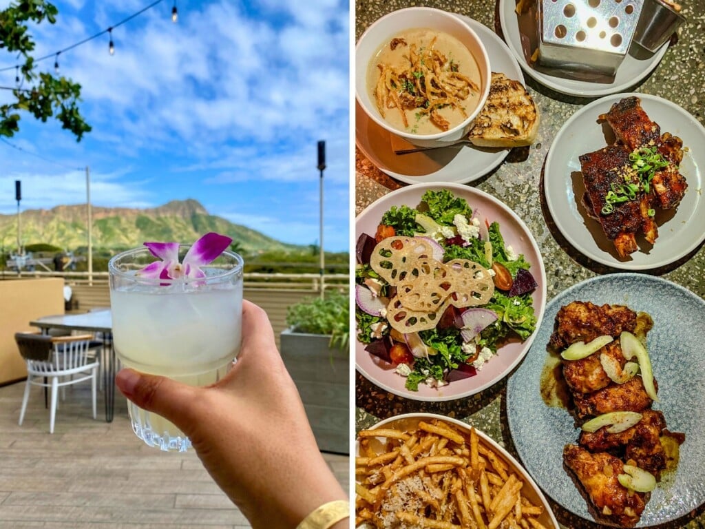 Right: A Hawaiʻi cocktail with a view of Diamond Head at DECK Waikiki. Right: A selection of share plates at DECK Waikiki, one of the best rooftop bars in Waikīkī.