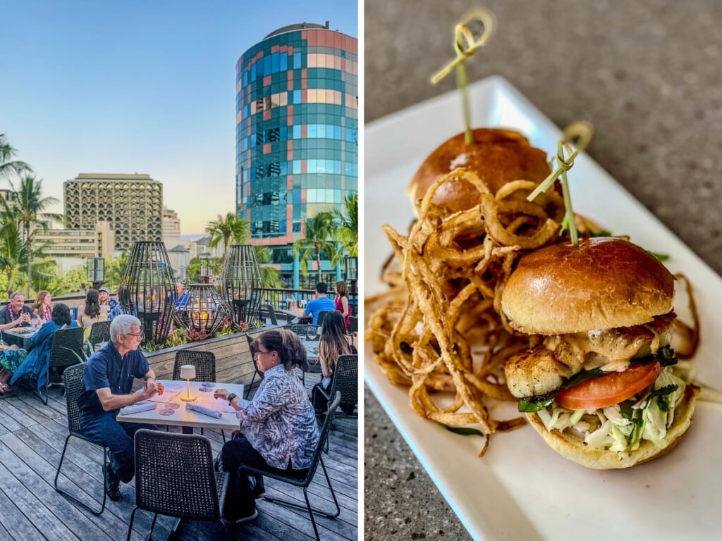 Left: Tommy Bahama, rooftop bar with Waikīkī city skyline in the background. Left: Scallop Sliders and onion rings.
