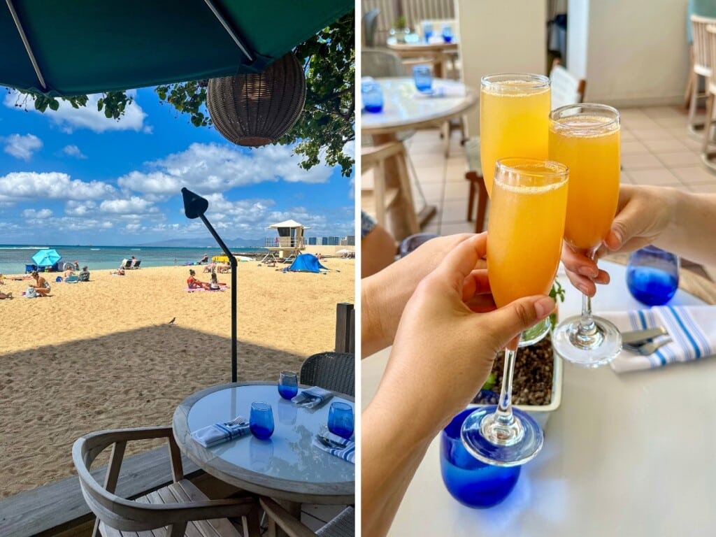 Right: Corner table at Hau Tree Lanai at Kaimana Beach Hotel. Right: Cheers-ing with three glasses of mimosas (Cava sparkling wine and an orange colored fruit juice).