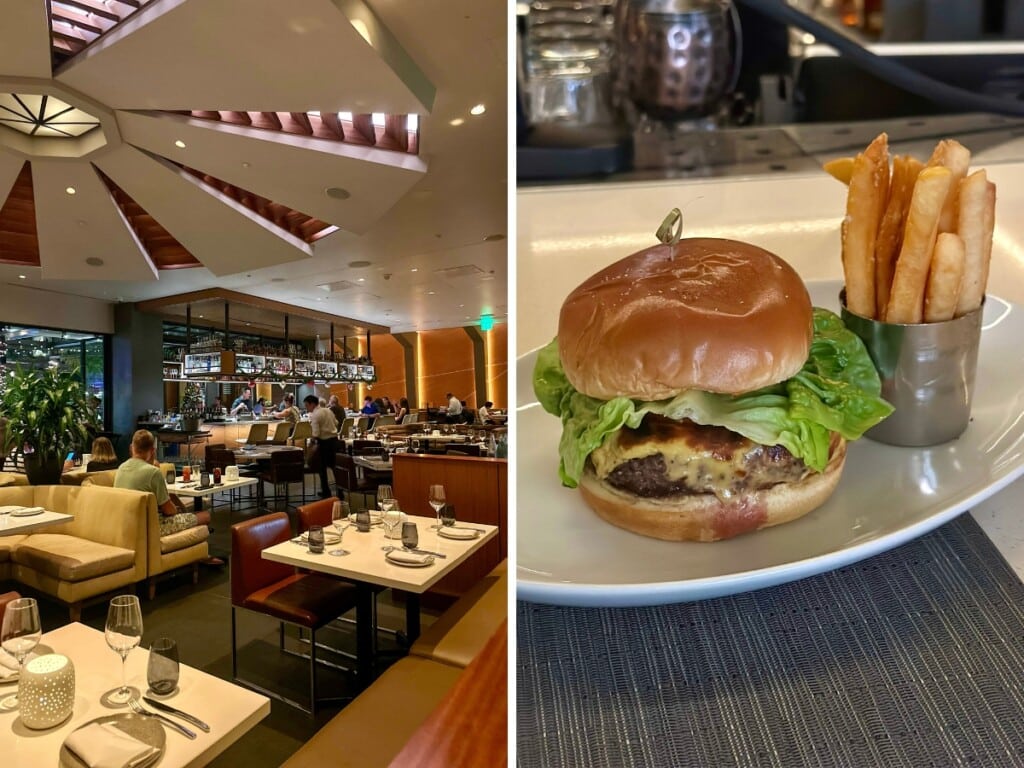 Left: The inside of the STRIPSTEAK Waikiki restaurant and bar. RIght: The Holo Holo Burger, Waikīkī's best burger.