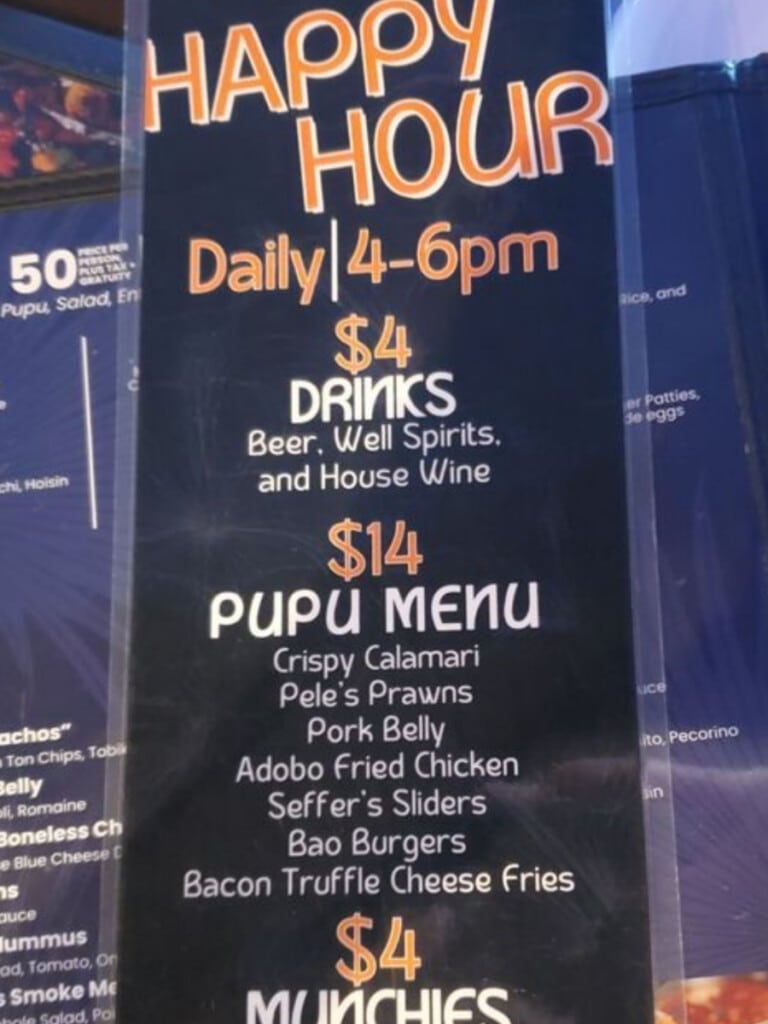 The Happy Hour menu from Moana Waikīkī at the International Market Place.