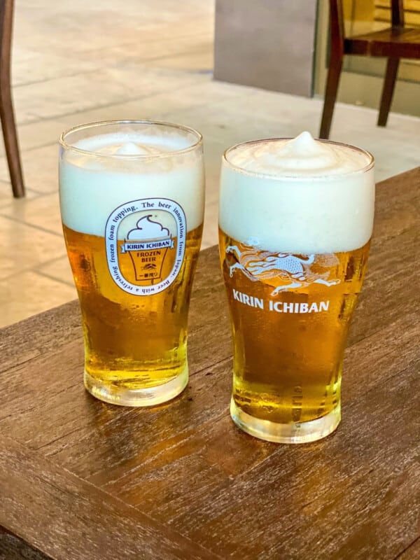 Two glasses of frosty frozen beer at Momosan Waikiki, a Happy Hour special.