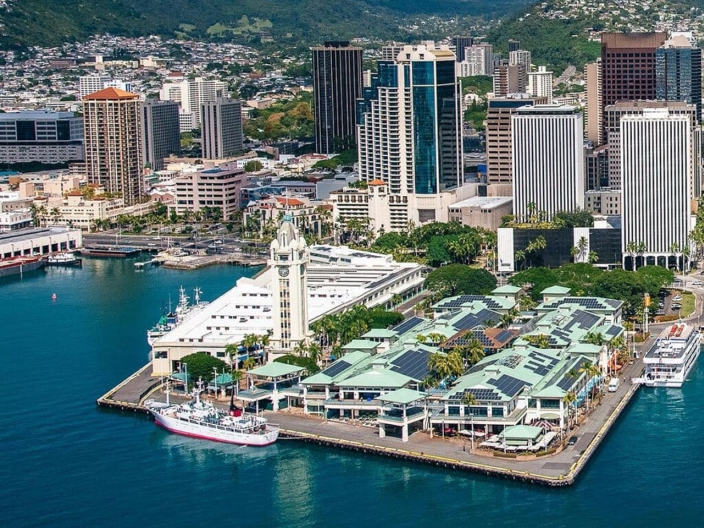An aerial of the Aloha Tower Marketplace, the location of the Ka Moana Lūʻau.