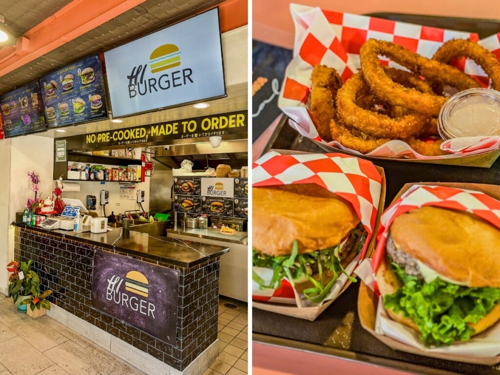 Left: HI burger takeaway counter one of the best burgers in Waikīkī. Right: two burgers side by side with onion rings and dipping sauce.