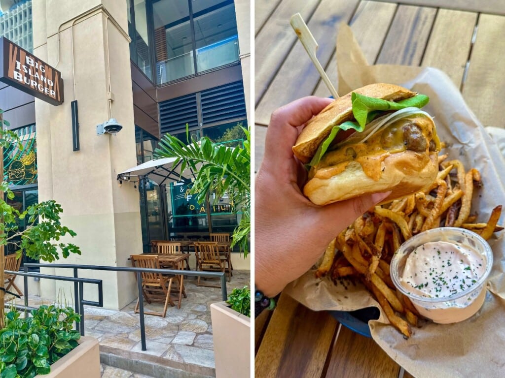 Left: Exterior of Big Island Burger with outdoor seating. Right. Hand holding juicy burger with fries & dipping sauce.