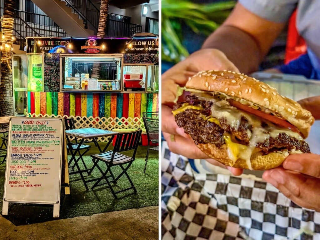 Left: Colourful Aloha Smash Burgers Food Truck and outdoor seating area and menu board. Right: side view of juicey cheese burger with beef patty, cheese, tomato and lettuce.