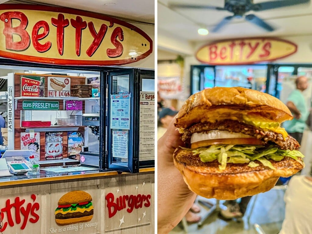 Left: Betty's Burgers counter with colourful red and yellow signage. Right: cheese burger with lettuce, tomatoes pickles and onions with the food court in the background.