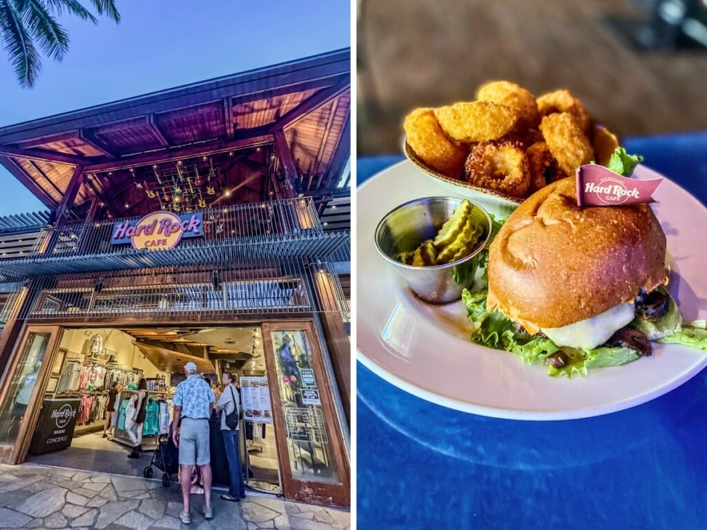 Left: A exterior view of Hard Rock Cafe in Waikīkī at night. Right: burger with a side of onion rings and pickles on a blue table.