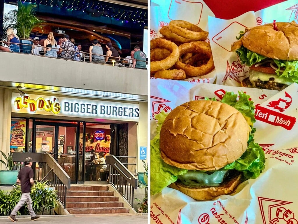 Left: Teddy's Bigger Burgers Waikīkī entrance. Right: Close up of two burgers with a side of onion rings.
