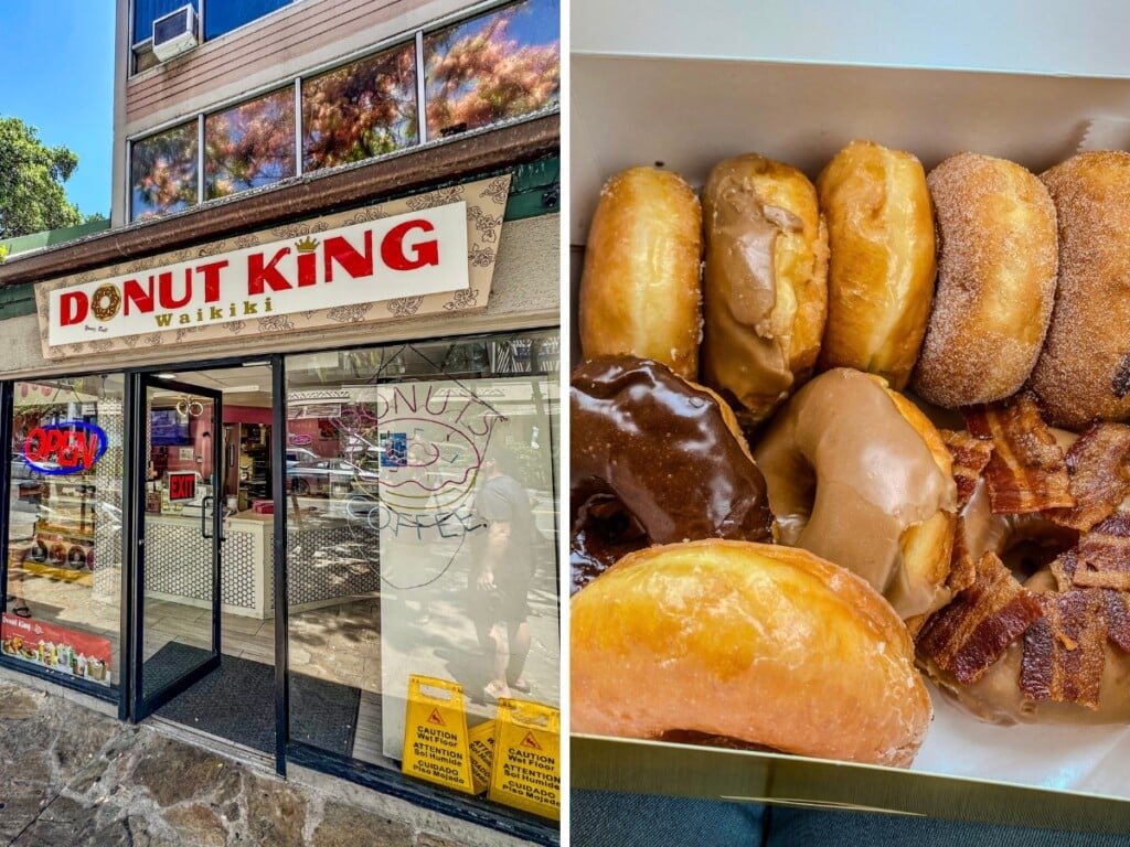 Left: Donut King Waikīkī shop front. Right: Box of 9 glazed donuts with a selection of chocolate, cinnamon, maple bacon and caramel donuts.