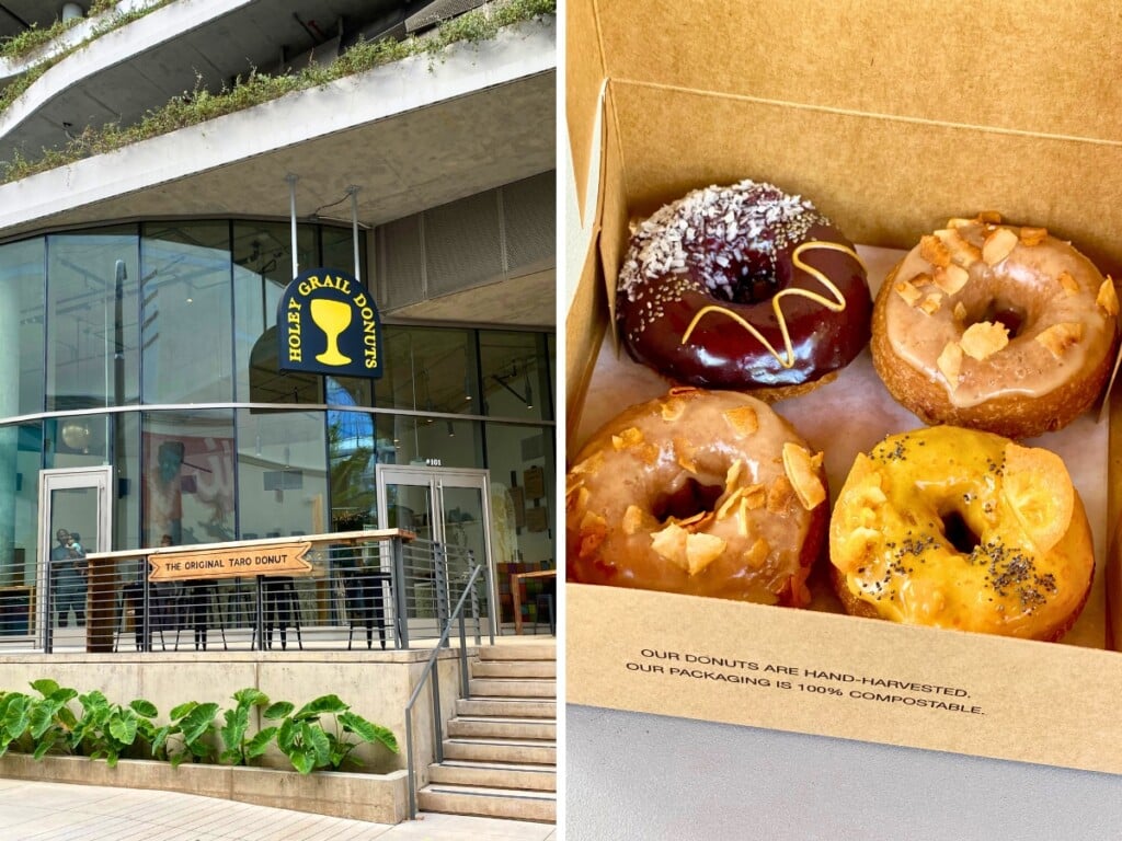 Left: Holey Grail donuts in Honolulu. Right box of 4 glazed donuts.