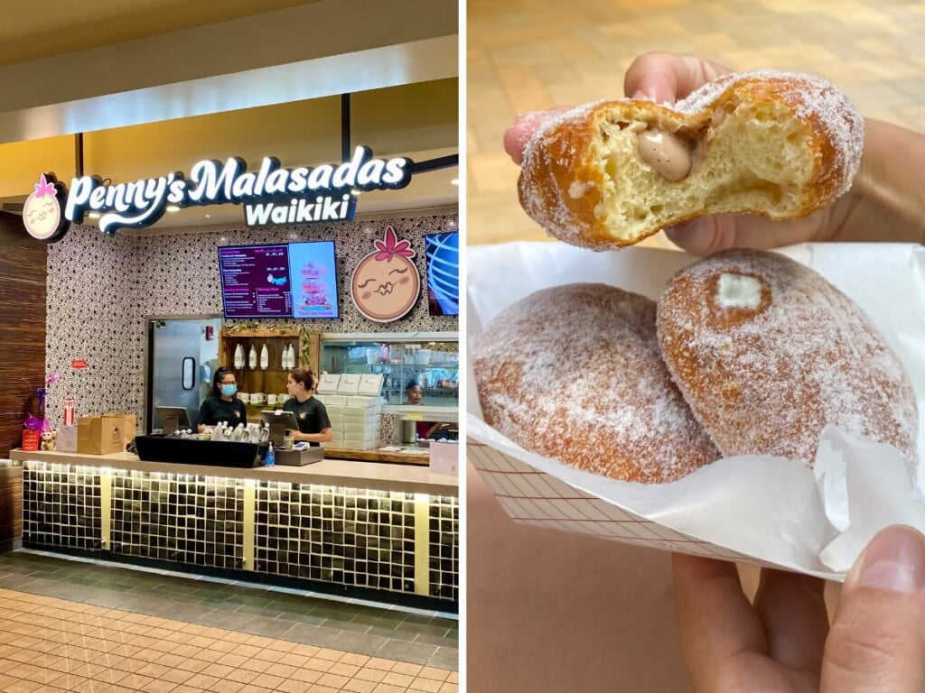 Left: Penny's Malasadas in the Pāʻina Lānai Food Court at the Royal Hawaiian Center. Right: Penny's Malasadas.