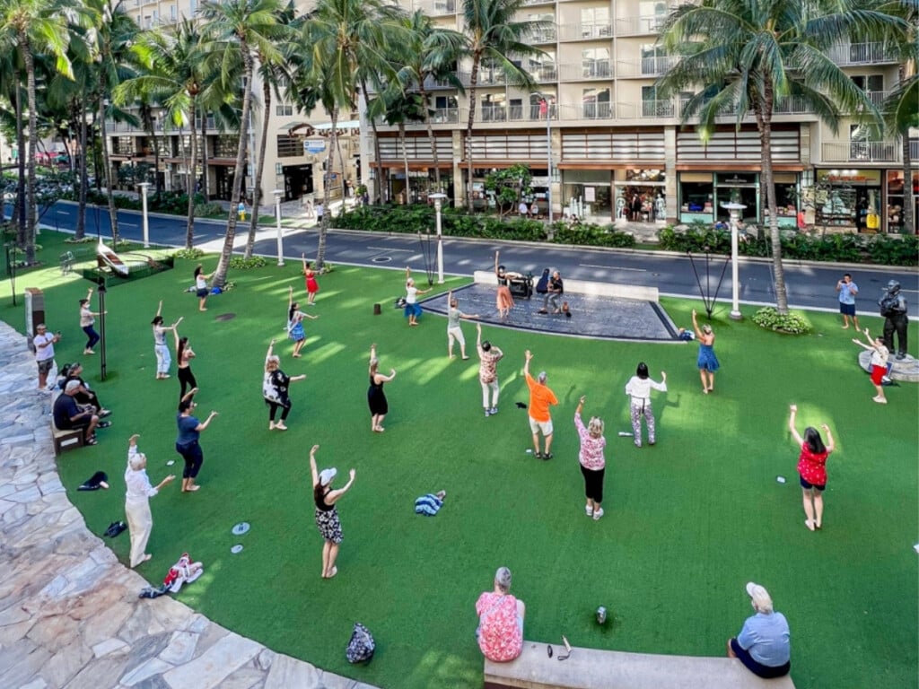 Ka Lei Aloha "The Adorned Dance" free hula class every Sunday at Waikiki Beach Walk.