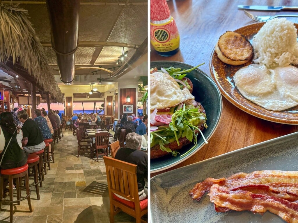 Left: Sunset views at Hula Grill Waikiki. Right: Brunch dishes including bacon and eggs.