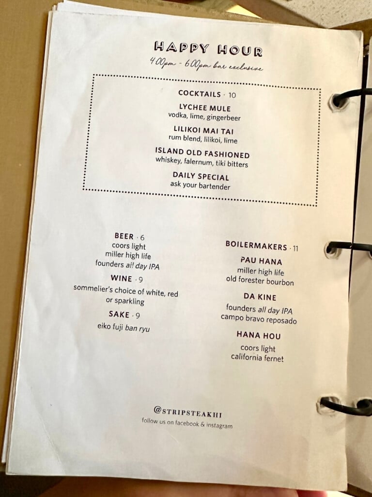 The Happy Hour menu from STRIPSTEAK Waikiki.