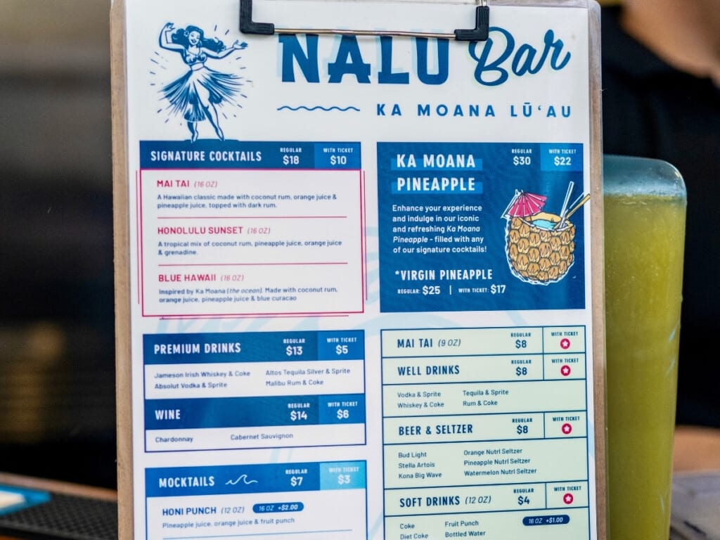 The bar menu at Ka Moana Luau with drinks priced between $4–$30.