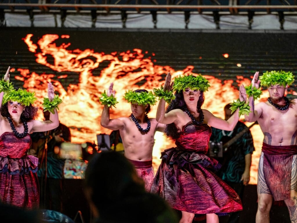 Hula performance at the Ka Moana Luau depicting the legend of Pele, the fiery volcano goddess.