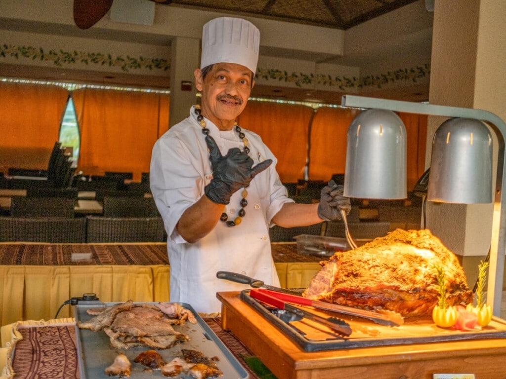 The buffet’s Carving Station features USDA Prime Roast Beef, served hot by a friendly chef at Waikiki Luau Buffet & Rock-A-Hula Show.