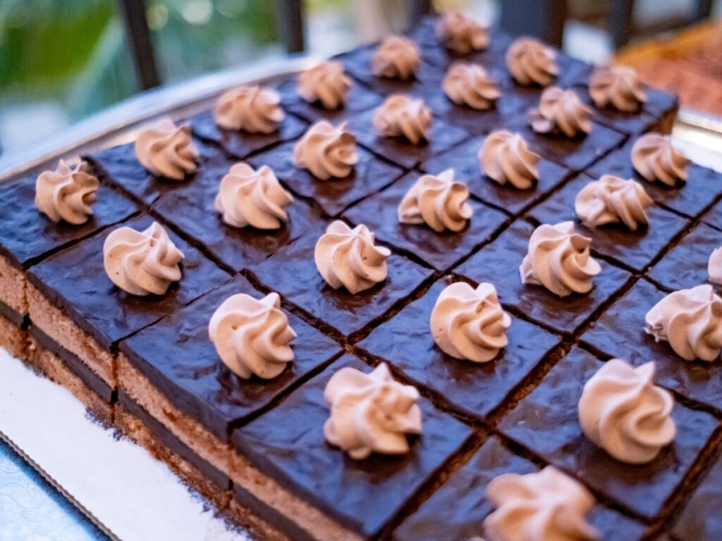 The decadent Chocolate Dobash Cake at the Waikiki Luau Buffet & Rock-A-Hula Show.