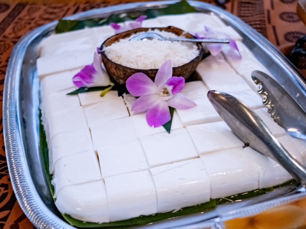 A tray of creamy Coconut Haupia from the desert bar at Waikiki Luau Buffet & Rock-A-Hula Show.