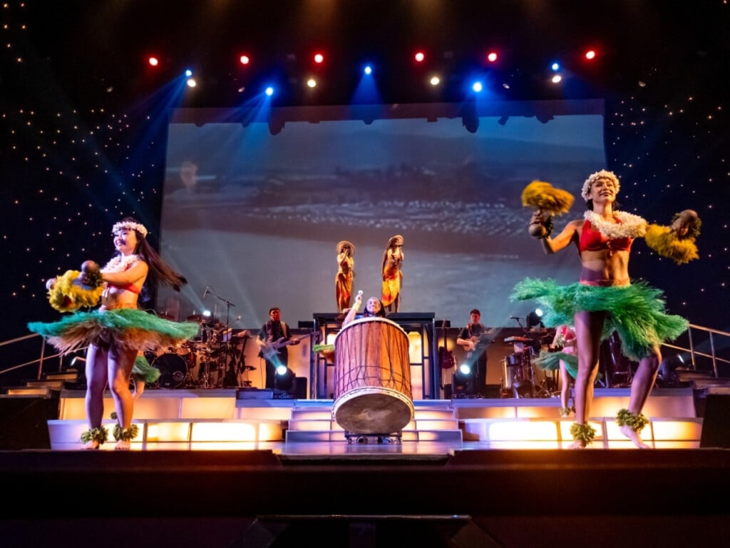 Performers on stage in the Royal Hawaiian Theater.