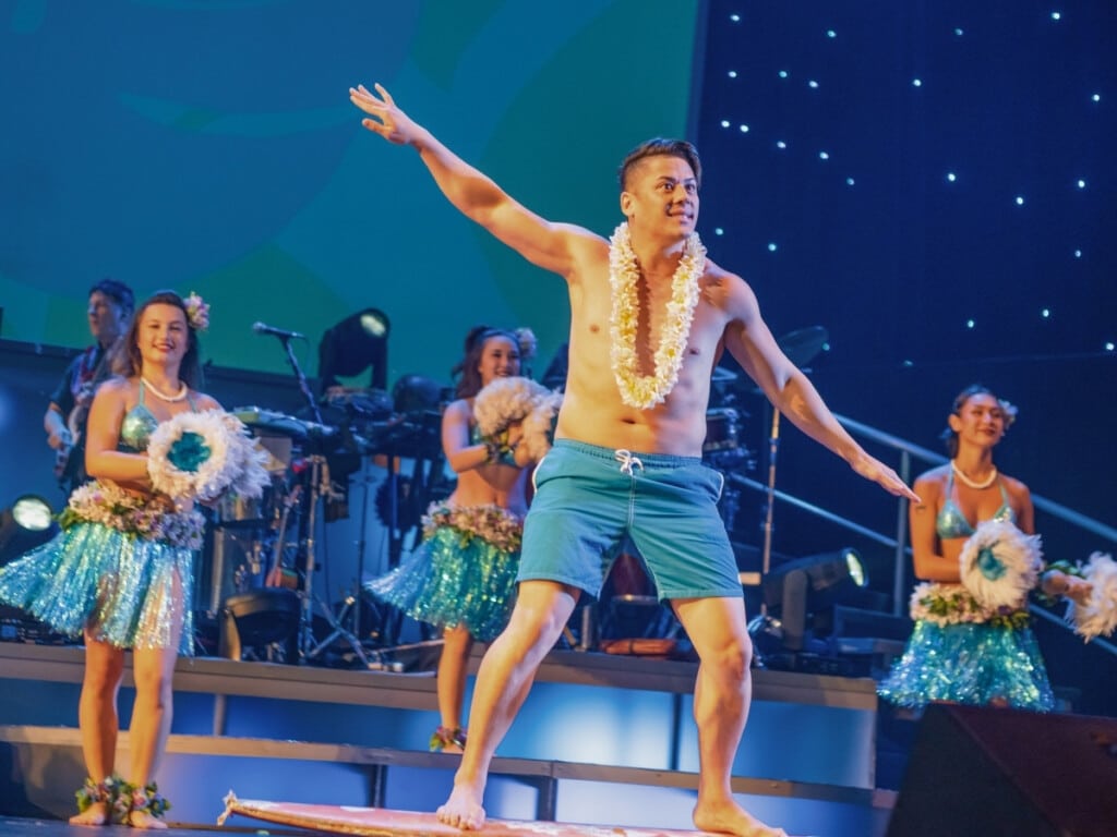Performance that highlights the thrilling surf stories and celebrates the golden age of beach boys at the Rock-A-Hula Show.