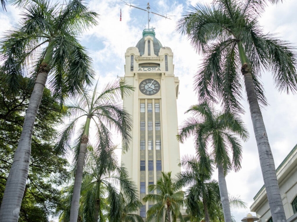The iconic Aloha Tower at the Aloha Tower Marketplace in Downtown Honolulu.