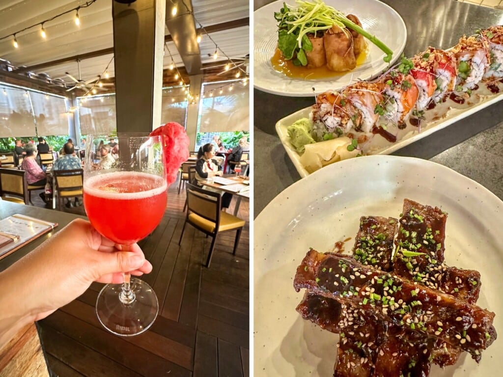 Left: Vibrant red cocktail at Eating House 1849 restaurant in Waikīkī. Right: A selection of Hawaiʻi Regional Cuisine dishes including ribs and sushi.