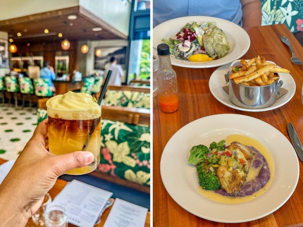 Left: Merriman’s Honolulu restaurant in Ward Village and its famous Mai Tai. Right: Two main local dishes of Hawaiʻi Regional Cuisine with a side of fries.