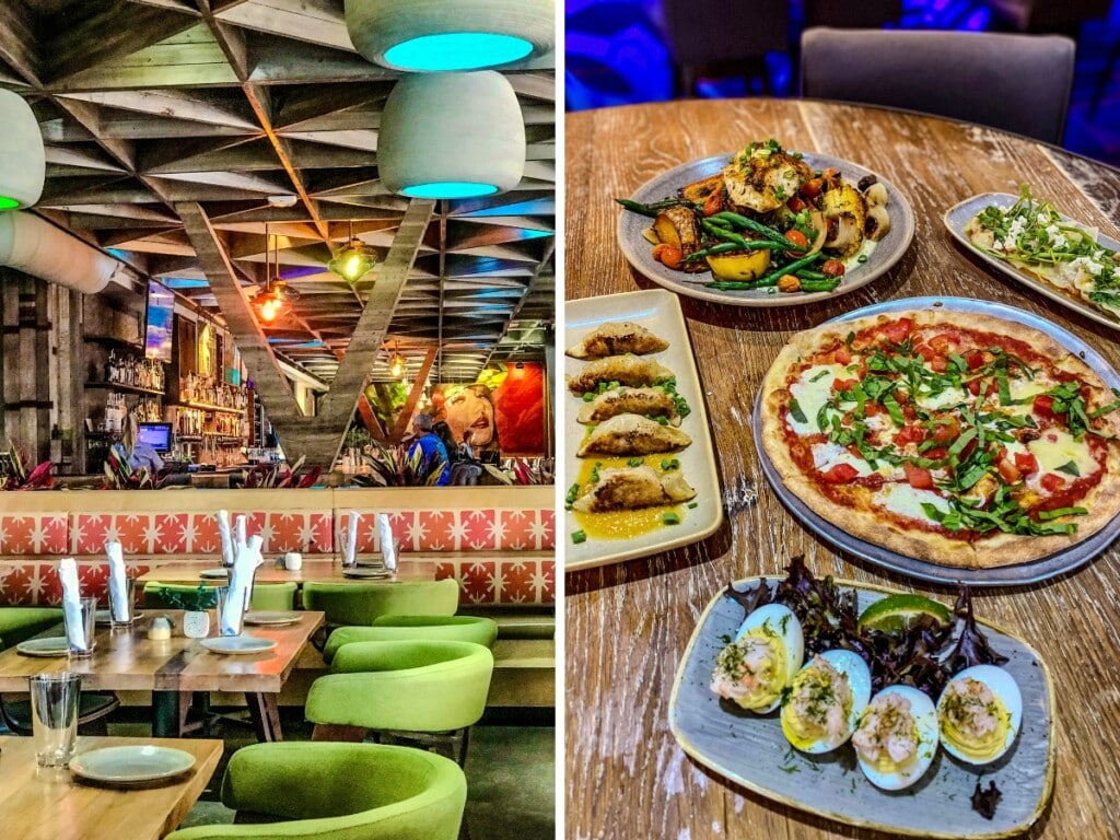 Left: Moku Kitchen vibrant and modern dining area. Right: A delicious feast including pork potstickers, pizza and vegetable dishes made with local ingredients and infusing the flavors of Hawaiʻi Regional Cuisine.