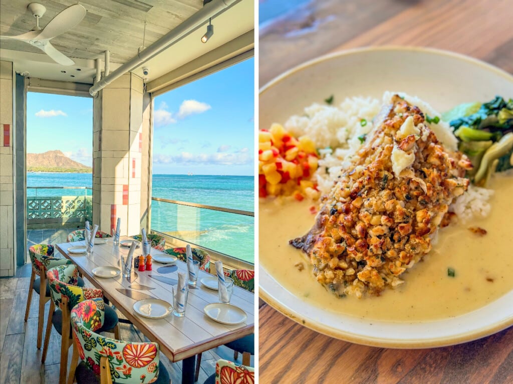 Left: Monkeypod Kitchen restaurant table with a view of Lēʻahi (Diamond Head). Right: Organic Macadamia Nut Crusted Fresh Fish.