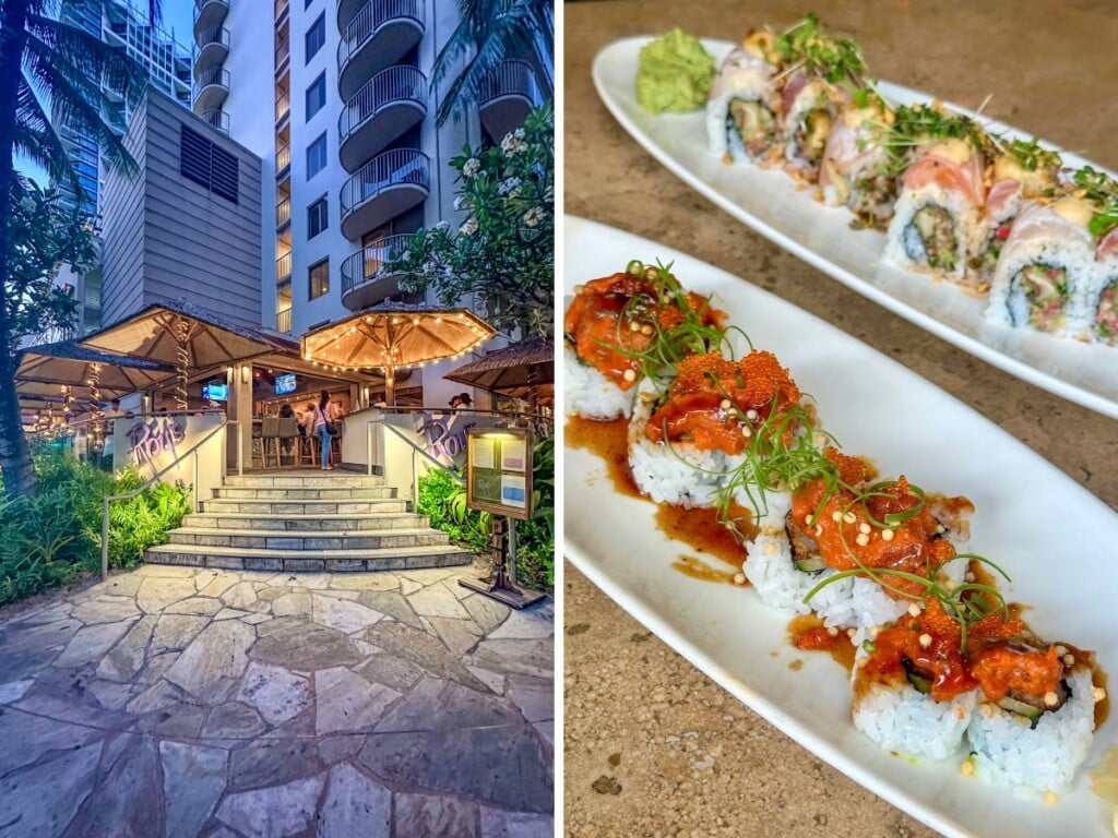 Left: Roy's Hawaii restaurant in Waikīkī at night. Right: Two of the restaurant's delicious sushi platters.