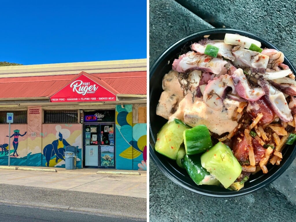 Left: Fort Ruger Market's colorful exterior painted with local art. Right: poke bowl a traditional Hawaiian meal.
