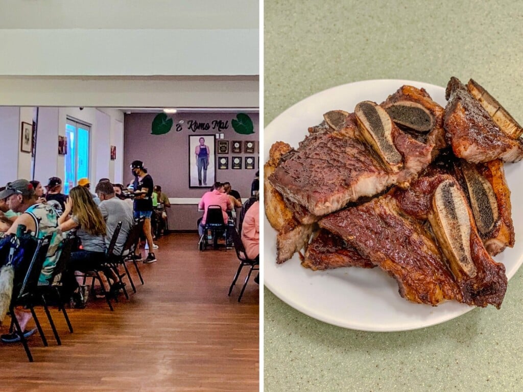 Left: Helena’s Hawaiian Food a Hawaiian restaurant in Honolulu. Right: plate of Short Ribs Pipikaula Style.