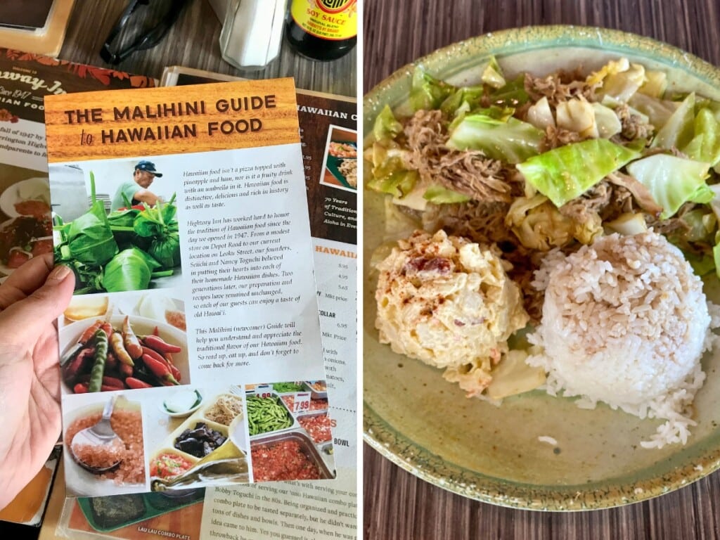 Left: Malahini guide to Hawaiian food and menu at Highway Inn Kakaʻako restaurant in Waikīkī. Right: Hawaiian plate lunch with rice, pulled pork and cabbage and macaroni salad.