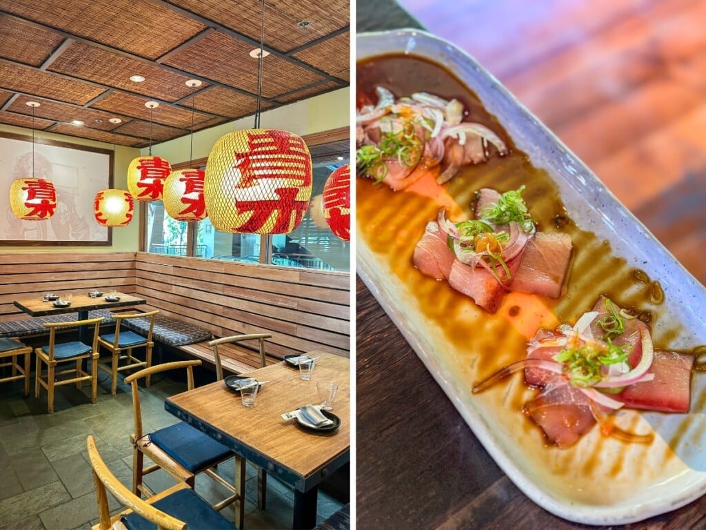 Left: Doraku Sushi Waikiki Japanese restaurant. Right: Plate of thinly-sliced hamachi carpaccio dish on wooden table.