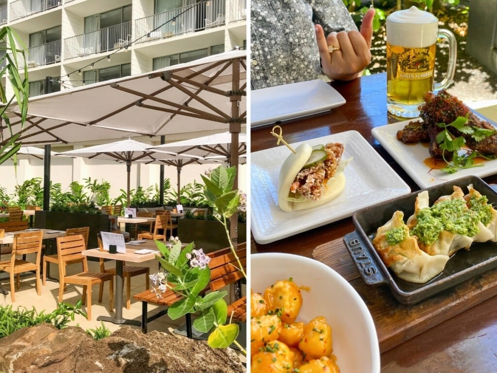 Left: Momosan Waikiki Japanese restaurant in Waikīkī outdoor dining. Right: Japanese feast including gyozas and boa with beer.