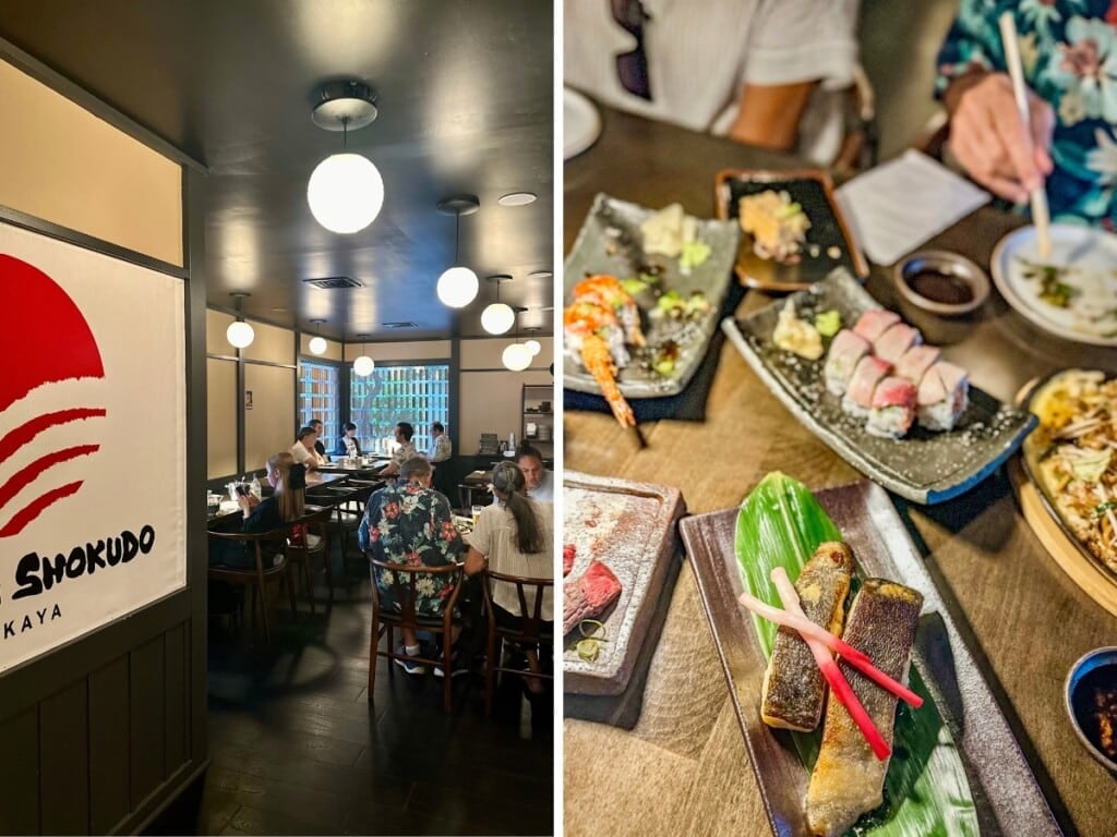 Left: Waikiki Shokudo Japanese restaurant. Right: Plates of sushi and fried salmon.